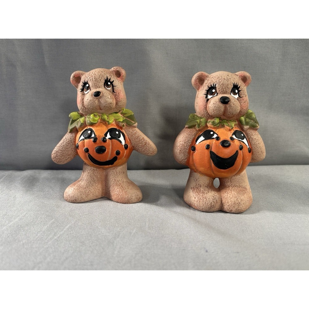 Vintage 90's Ceramic Bears With Jack O Lantern Bellies 4" Halloween
